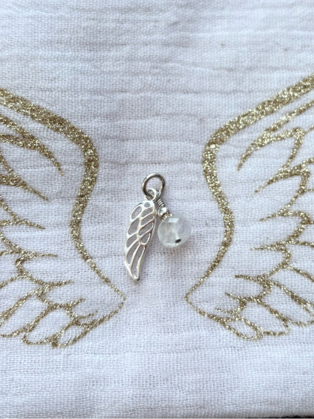 Sterling Silver Angel Wing Charm with Moonstone Bead Pendant